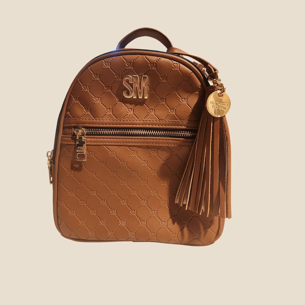 Steve Madden Tan Monogram Quilted Mini Backpack NWOT Fall Streetwear Coachella